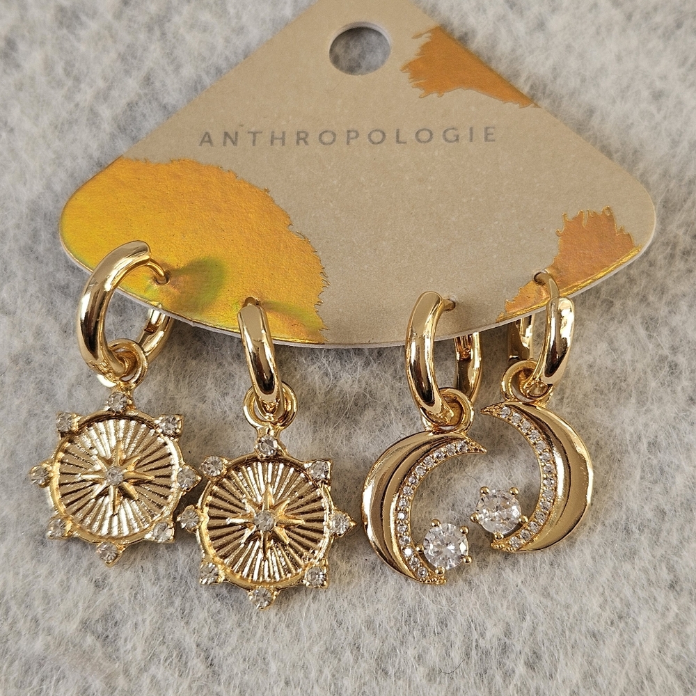 Anthropologie Gold Star Burst & Moon Dangle Earrings